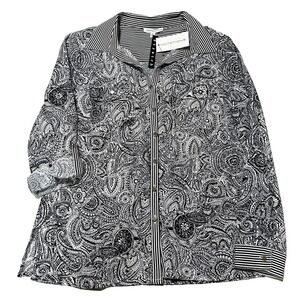Notations Womens Black White Paisley Striped Stretch Button Up Blouse Size M NEW